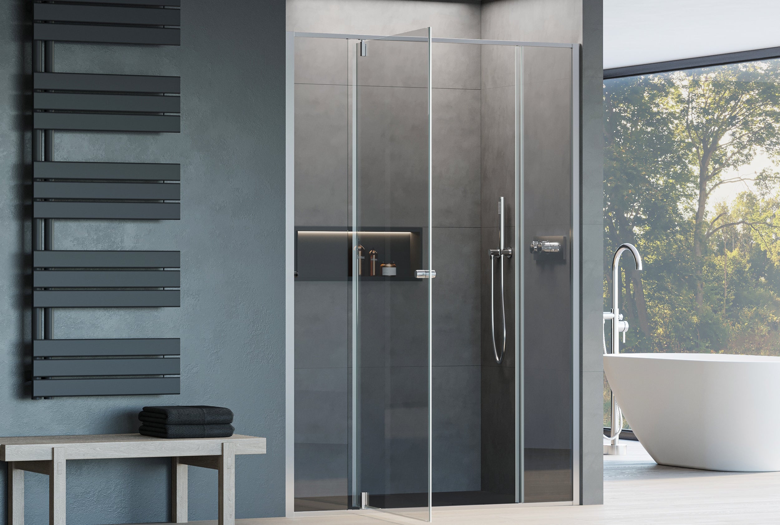 Niche shower with hinged door on two fixed panels NT607 FLEX - 6 mm nano clear glass - profile colour selectable