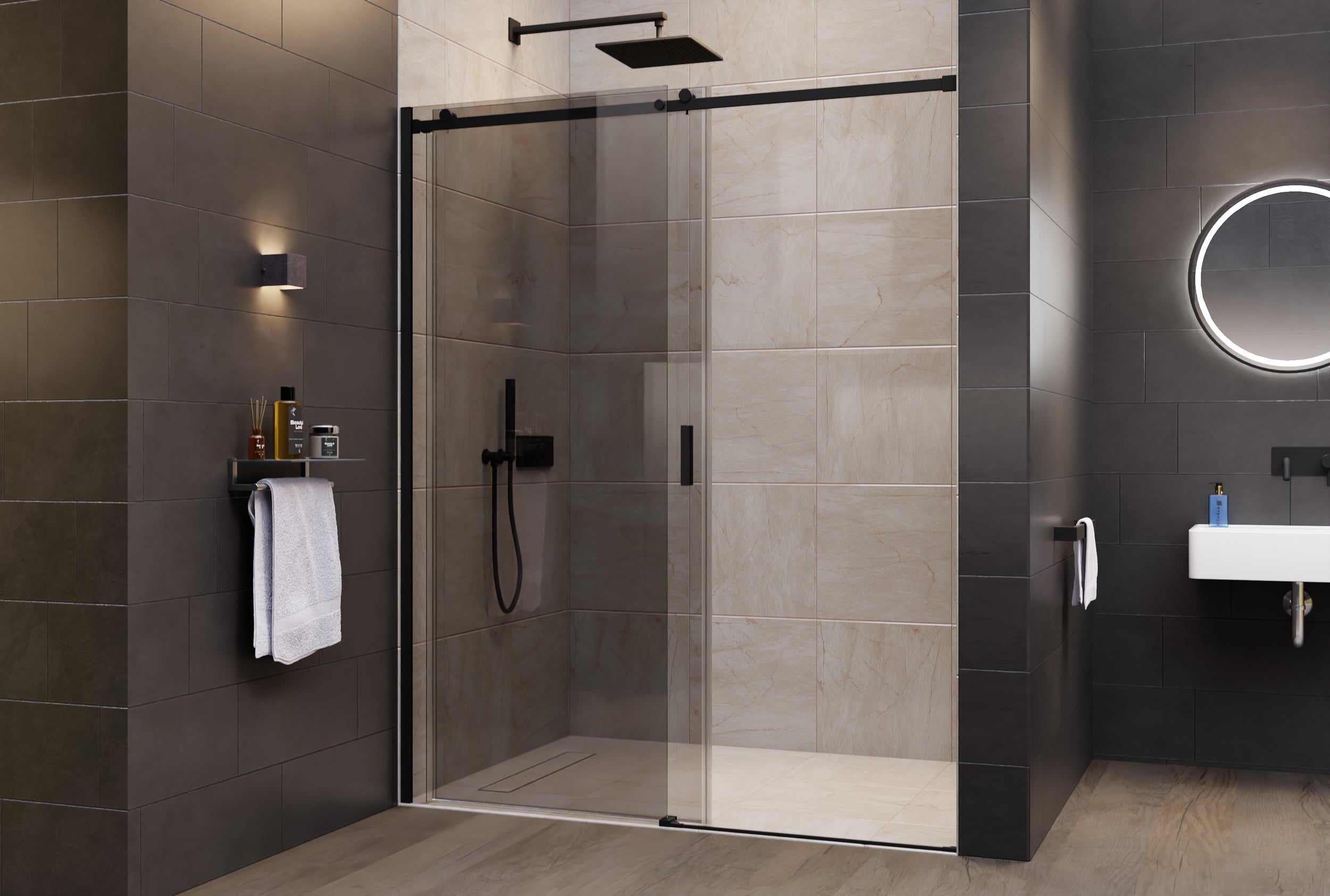 Paroi de douche NT806 FLEX noir mat - avec porte coulissante - verre Nano Grey - largeur et épaisseur au choix