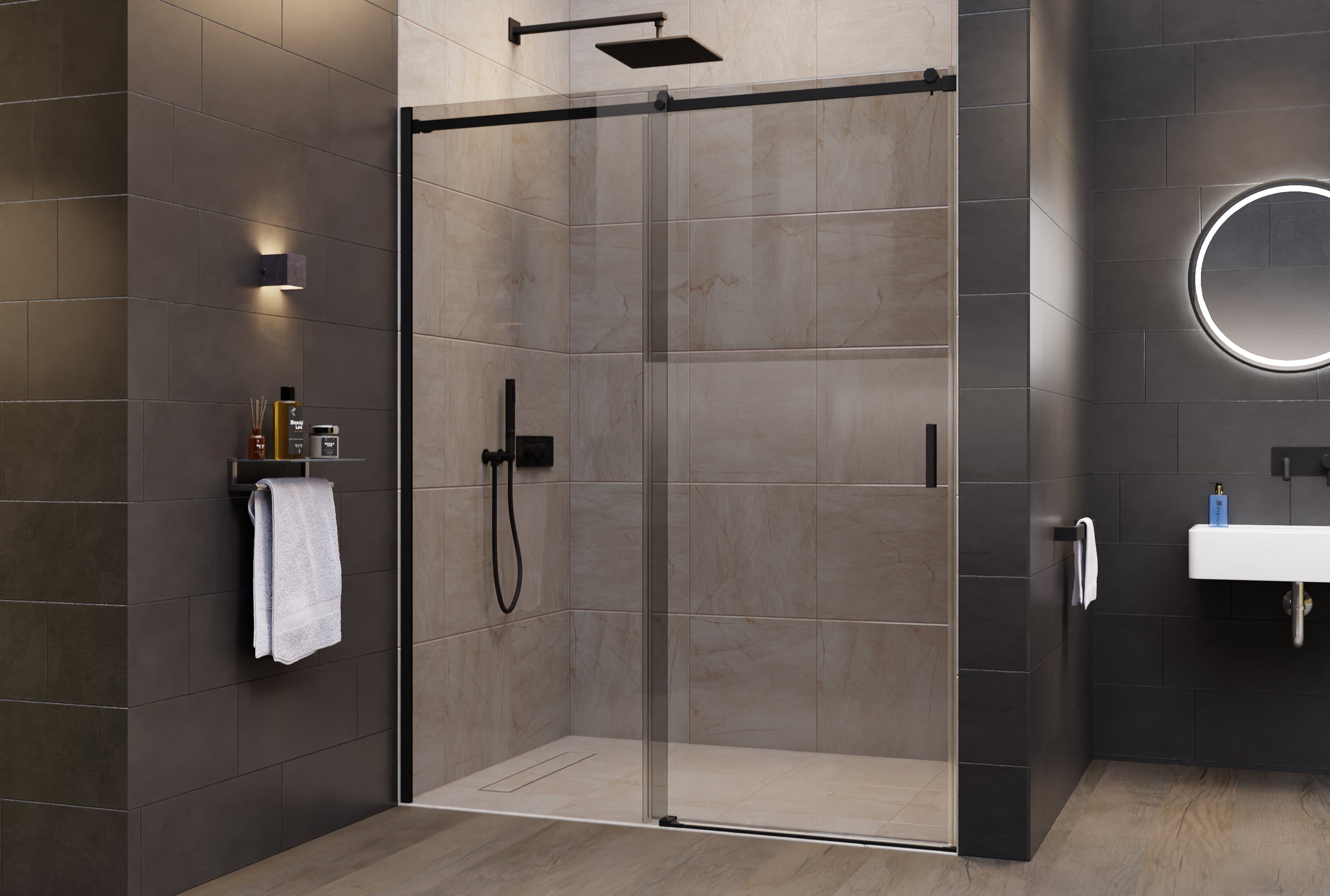 Niche shower with sliding door NT806 FLEX Black matt - Nano Grey glass - glass thickness selectable