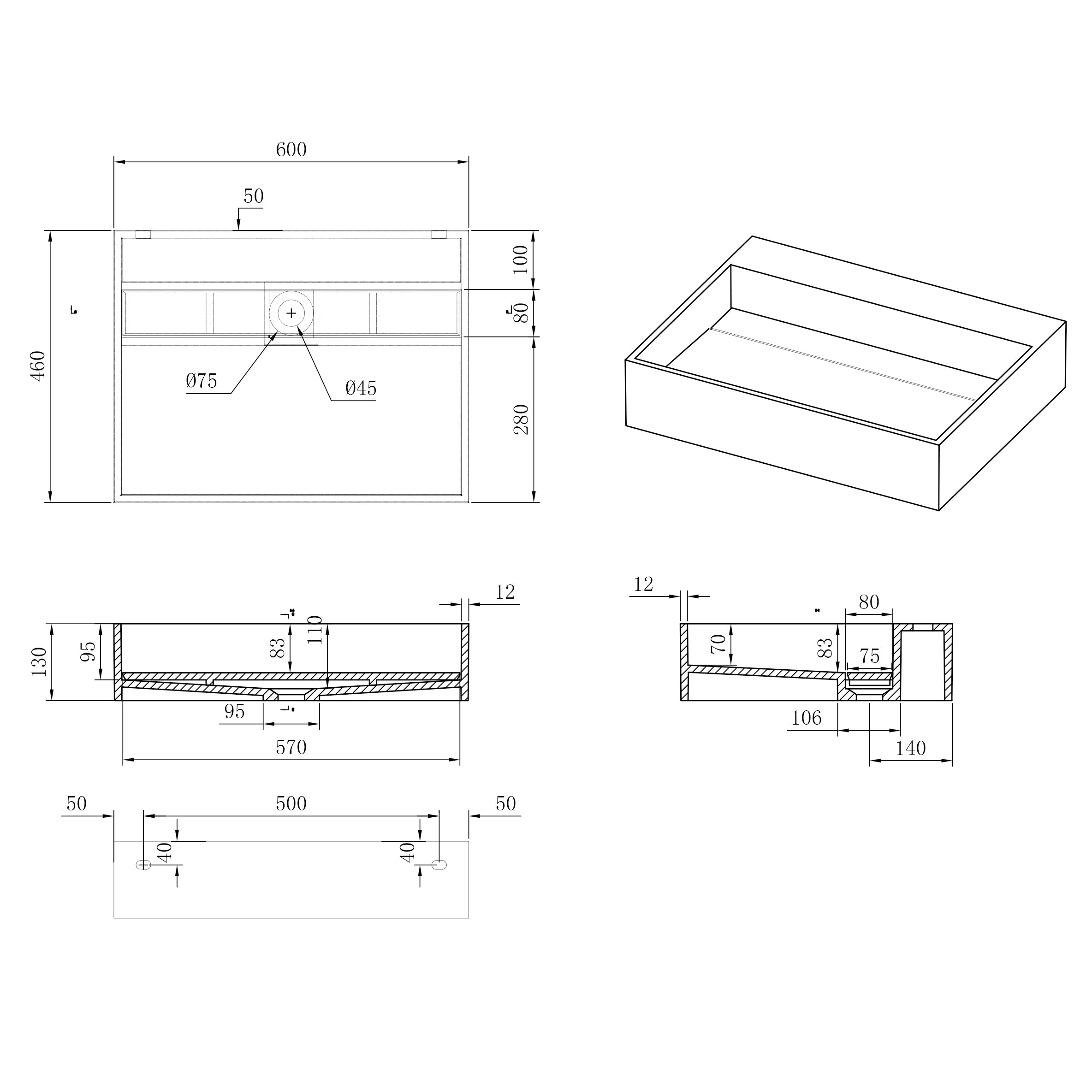 Wall-mounted washbasin PB2080 in mineral cast