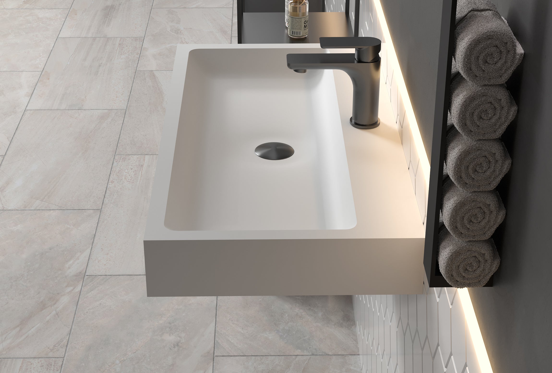 Lavabo à poser ou à suspendre PB2143 en pierre de synthèse (Solid Stone) – blanc mat – 80 x 42 x 10 cm