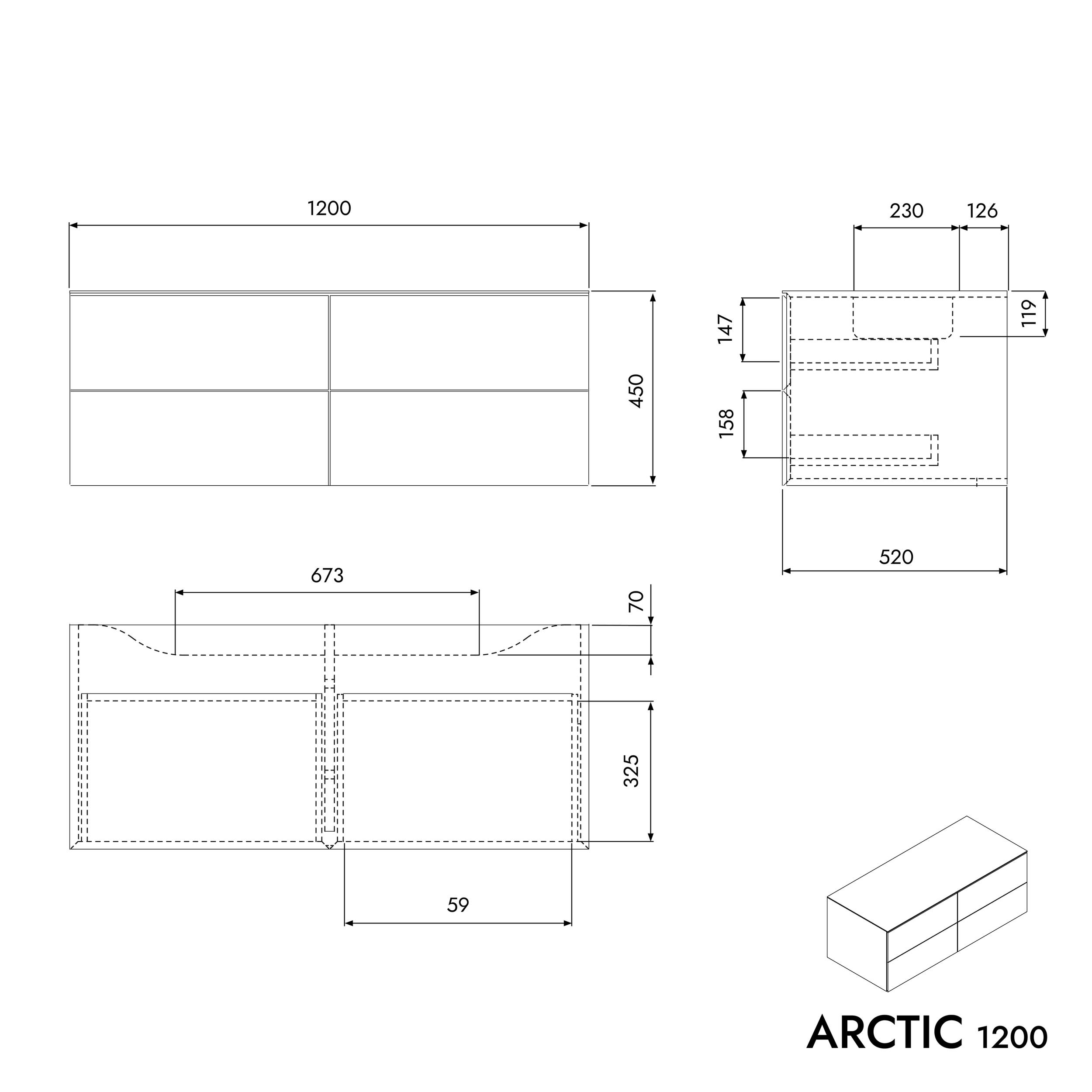 Vanity unit ARCTIC 1200 White Softtouch for countertop washbasin 