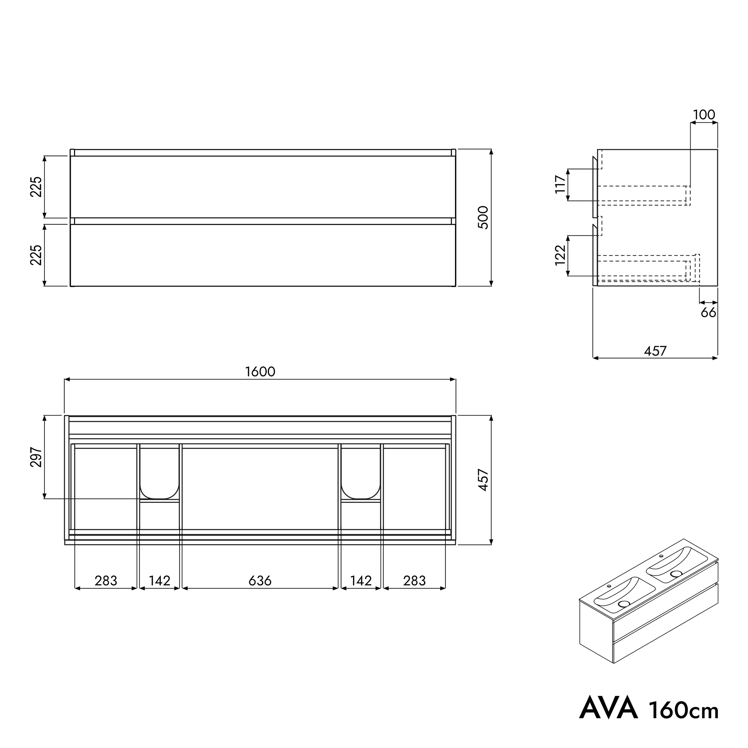 Vanity unit AVA 160 cm with mineral cast washbasin CREAM