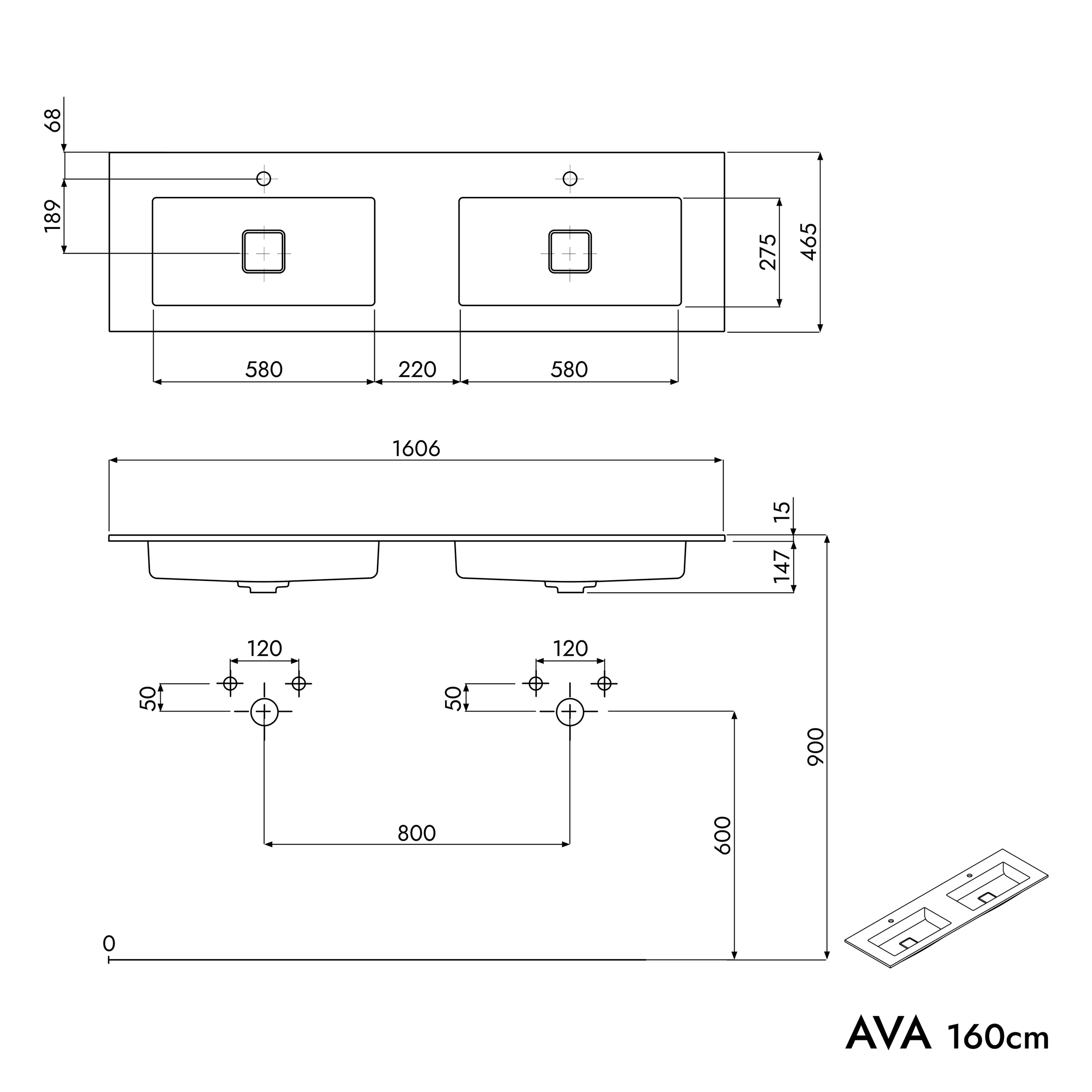 Vanity unit AVA 160 cm with mineral cast washbasin BRUXELLES