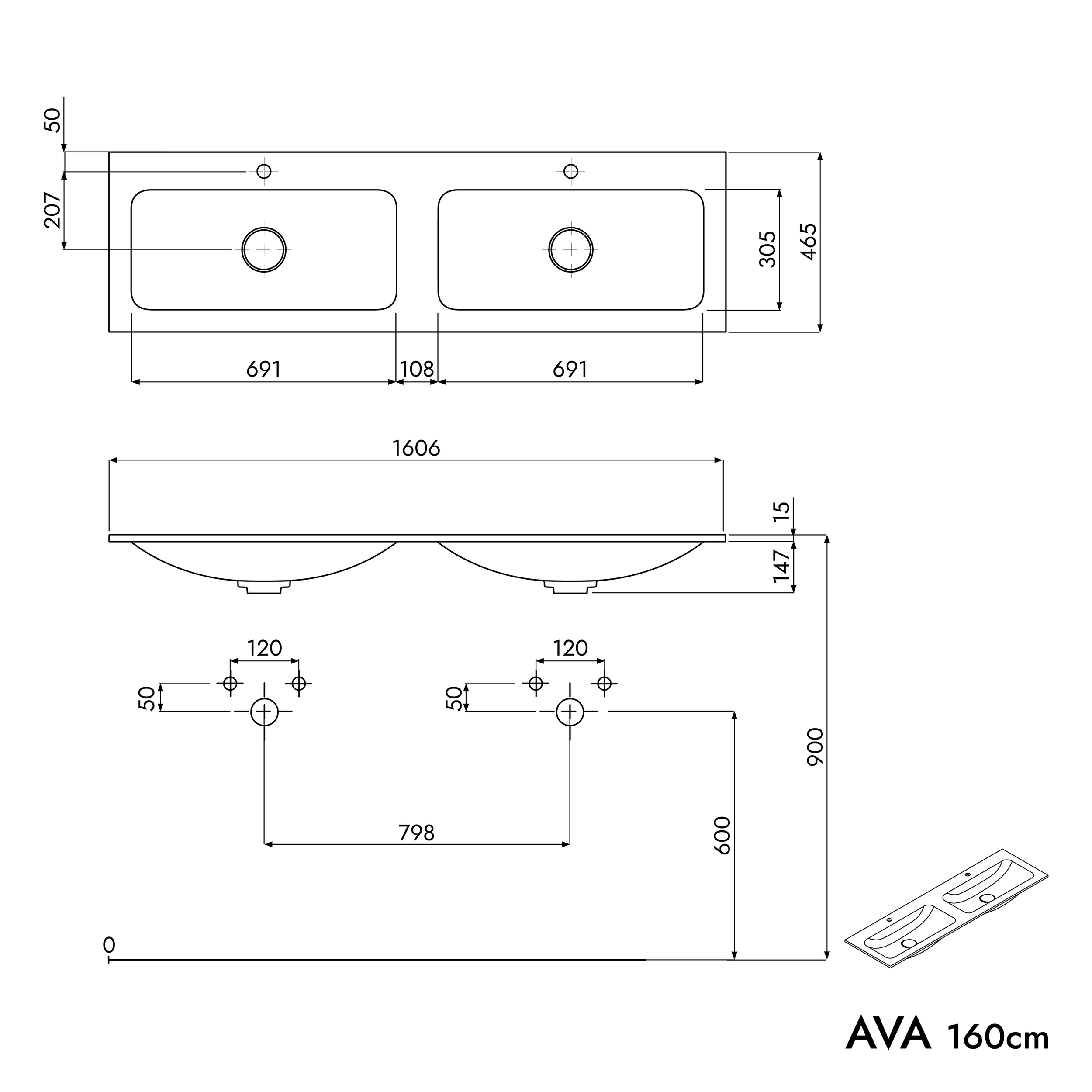 Vanity unit AVA 160 cm with mineral cast washbasin CREAM