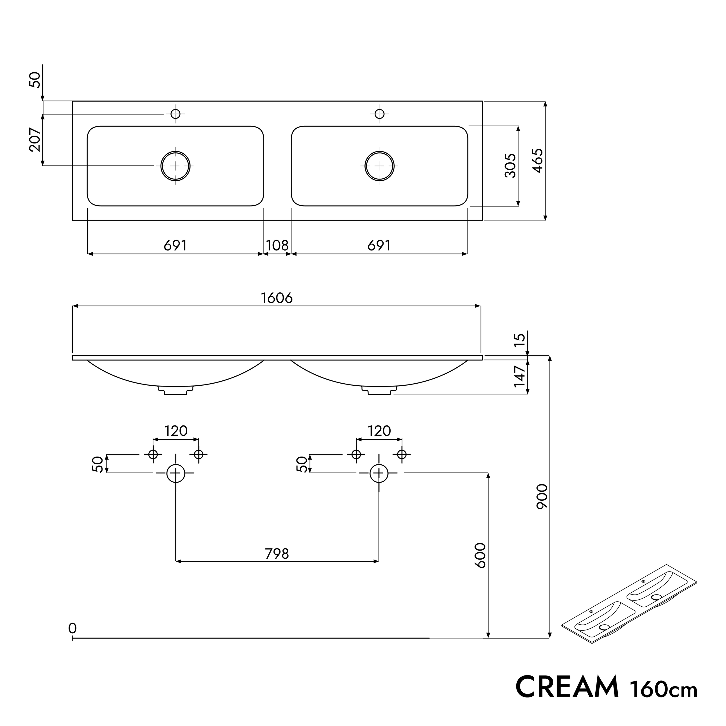 Meuble salle de bain VIREO 160 cm - avec vasque en fonte minérale CREAM - couleur au choix