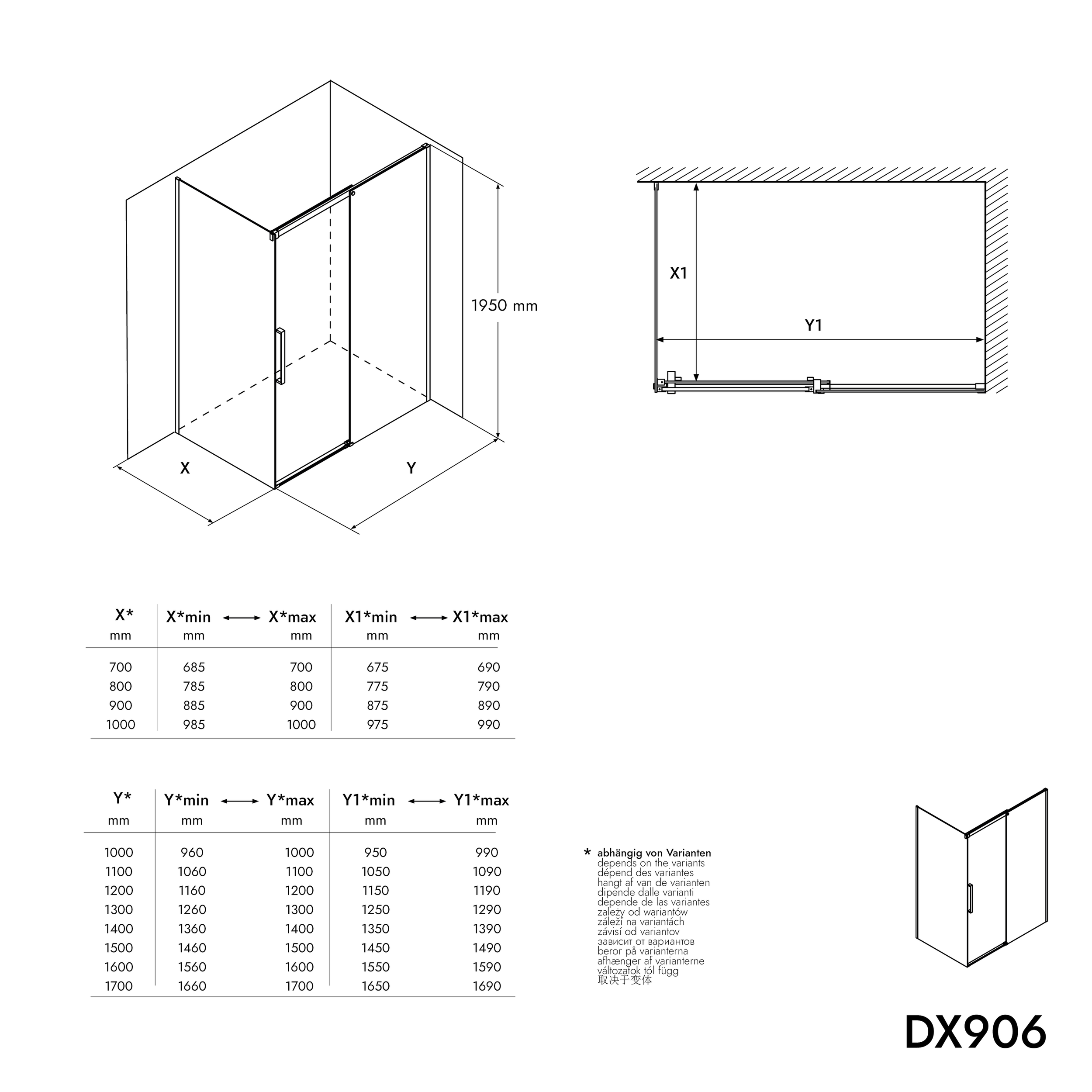 Soft-Close Sliding Door Shower and Side Panel DX906 FLEX - Matt Black profiles - 8 mm  - selectable dimensions