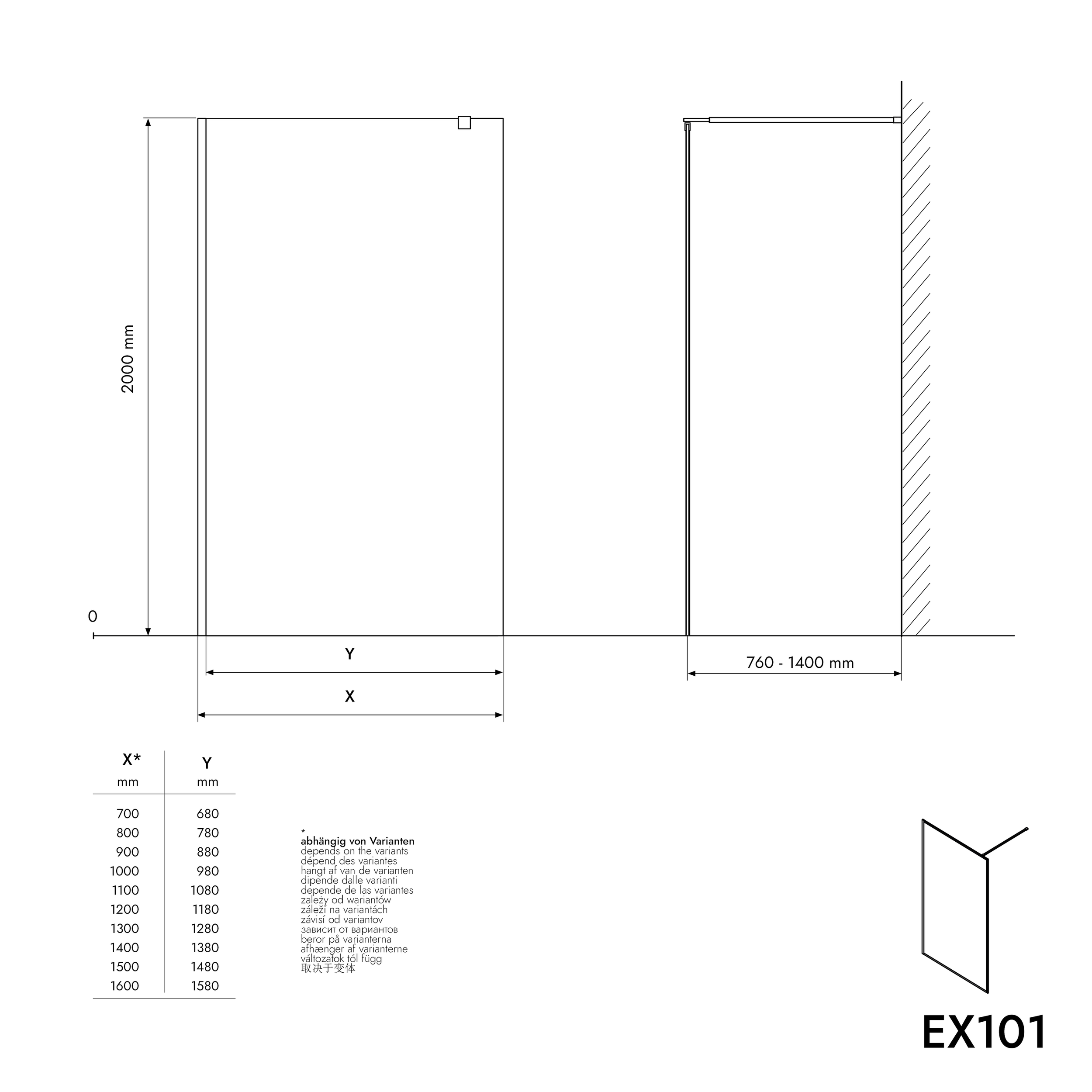 Duschabtrennung Walk-In Nano Echtglas EX101 - Milchglas-Muster Wave - Breite wählbar