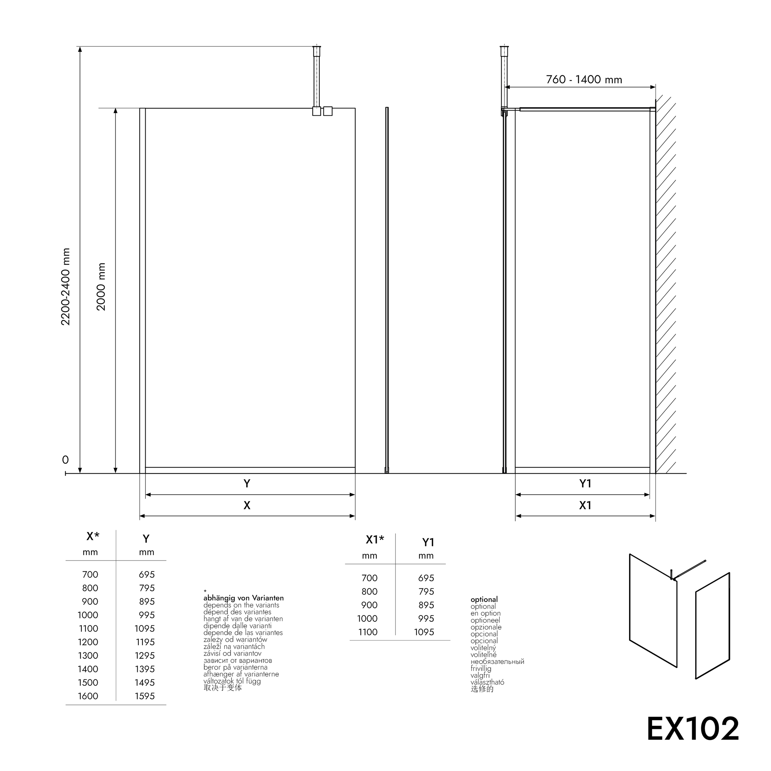 Walk-in Shower enclosure 10mm nano clear glass EX102  - 2 glass walls stainless steel profile chrome - width selectable