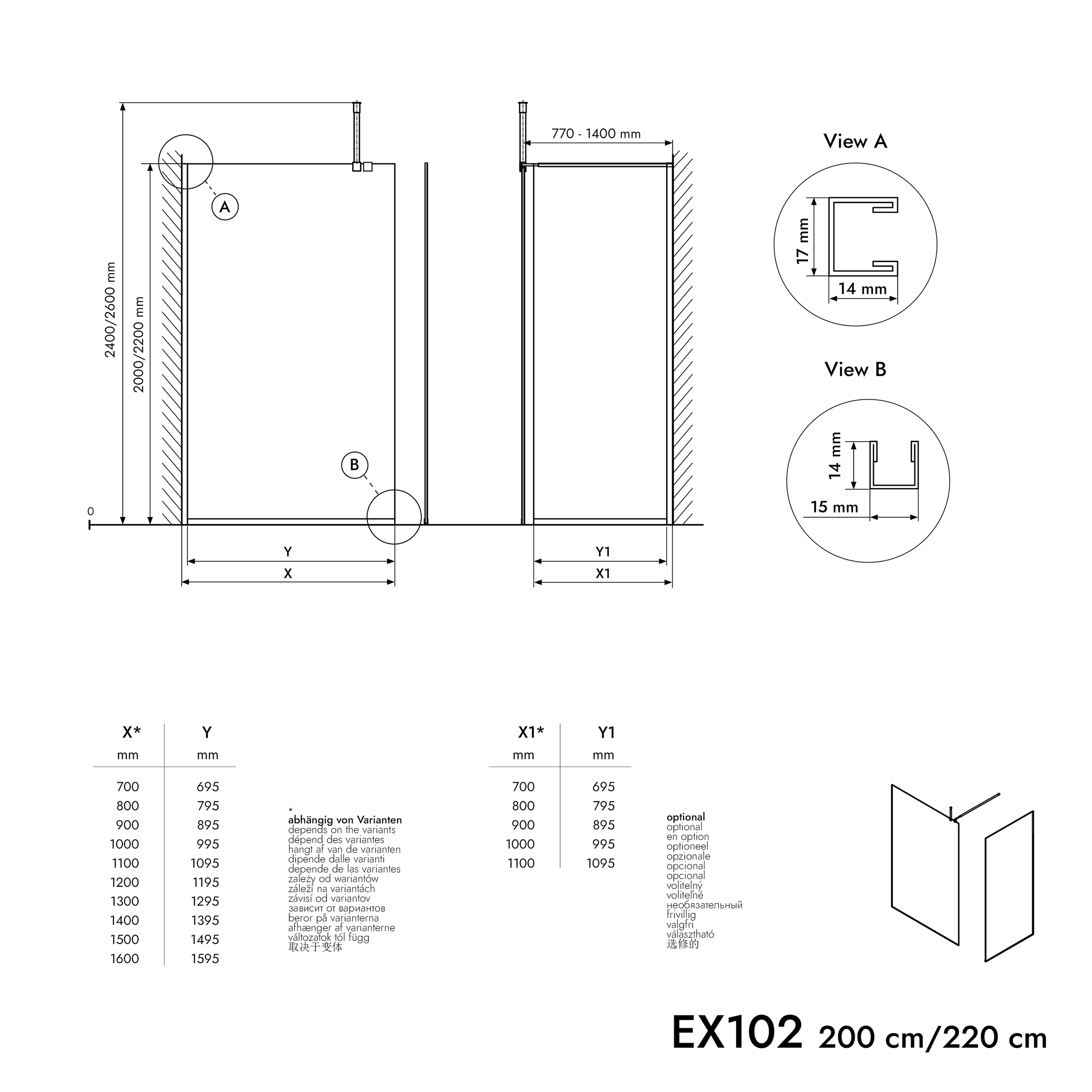 Paroi de douche à l'italienne EX102-2 - Verre nano 10 mm
