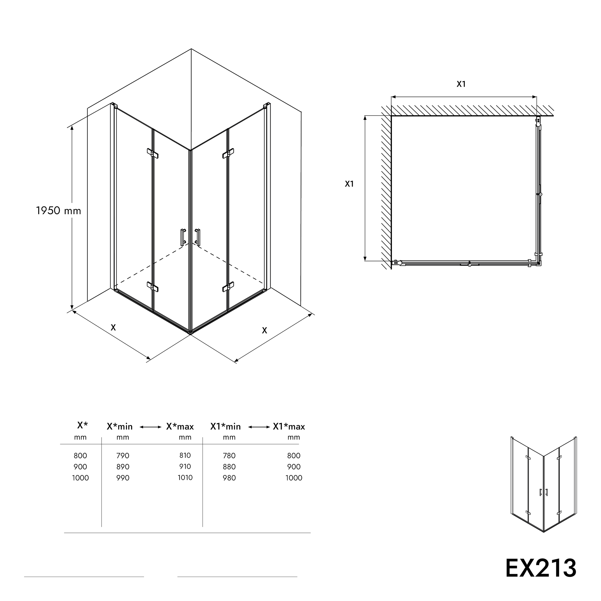 Cabine de douche NANO, verre véritable EX213, 100 x 100 x 195cm avec receveur