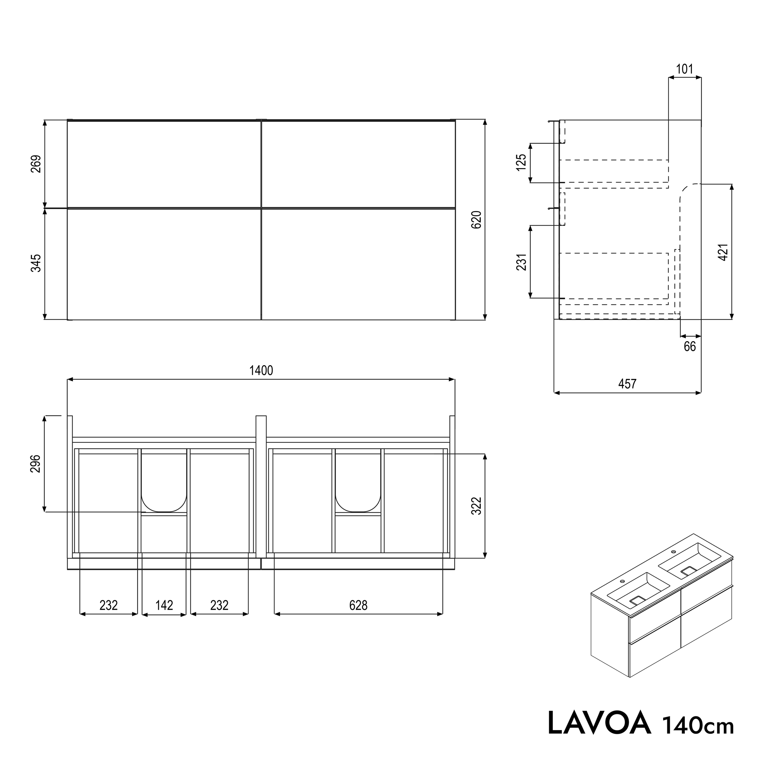 Meuble salle de bain LAVOA 140 cm - avec vasque en fonte minérale BRUXELLES - couleur au choix