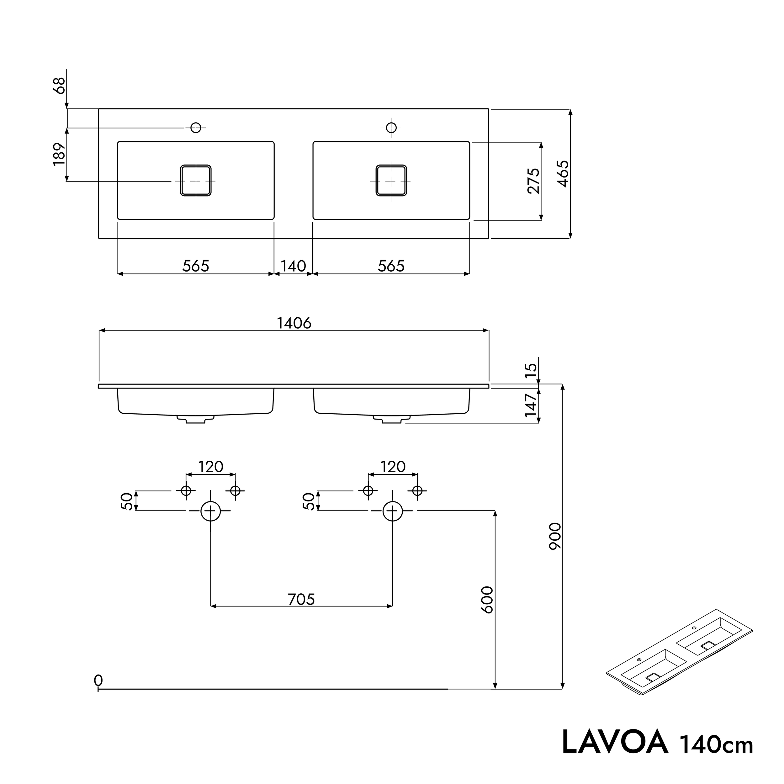 Meuble salle de bain LAVOA 140 cm - avec vasque en fonte minérale BRUXELLES - couleur au choix