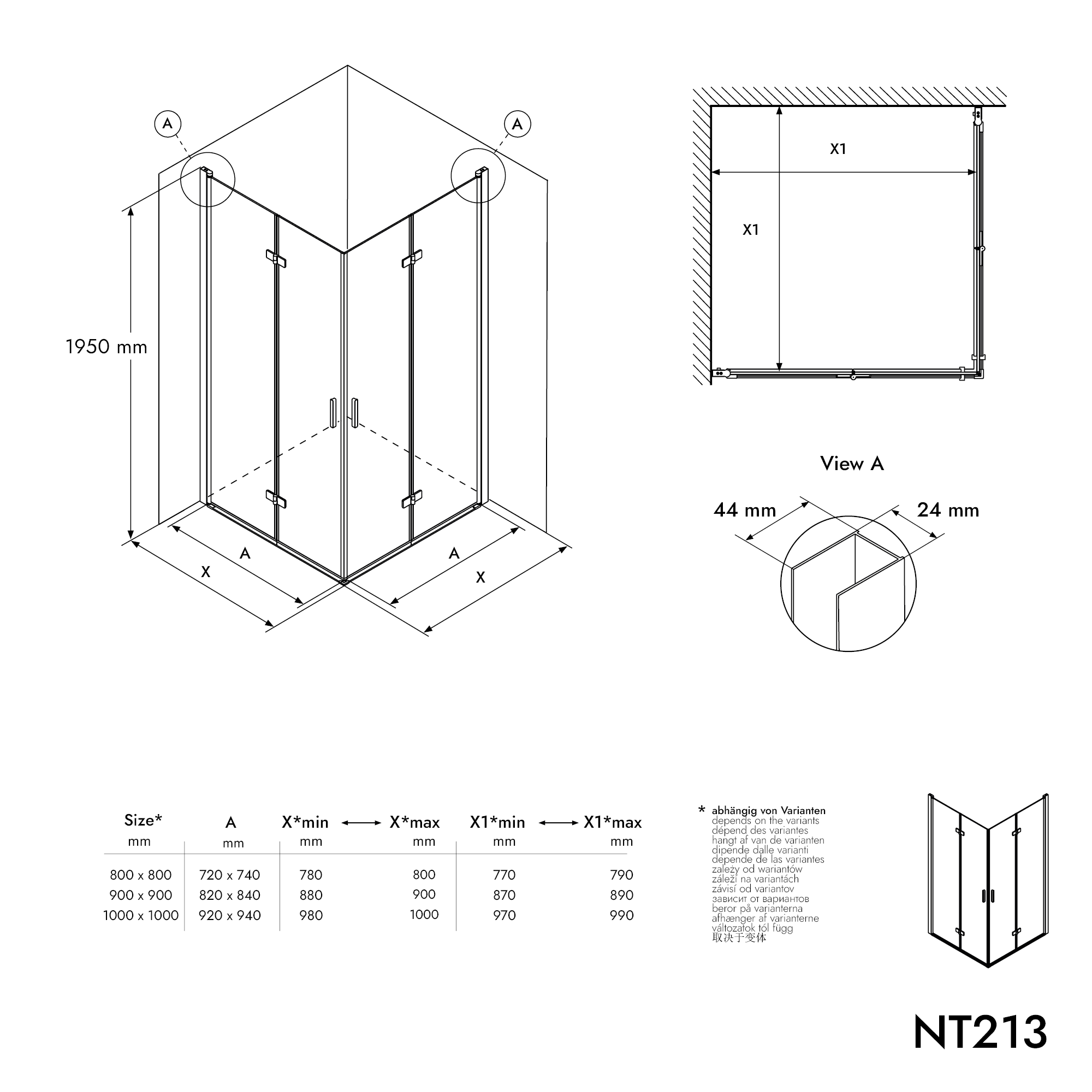 Paroi de douche d'angle avec porte pliante NT213