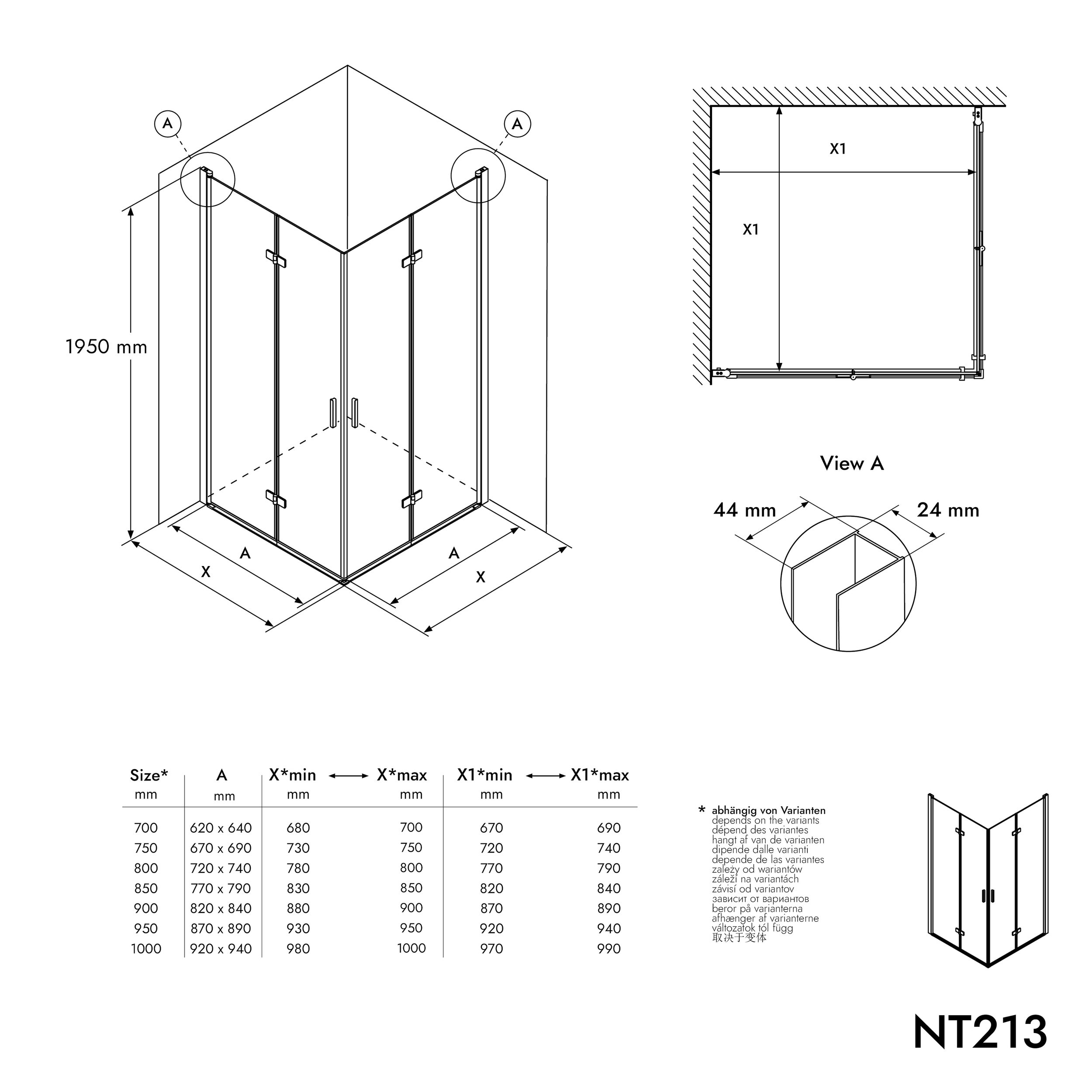 Paroi de douche d'angle avec porte pliante NT213
