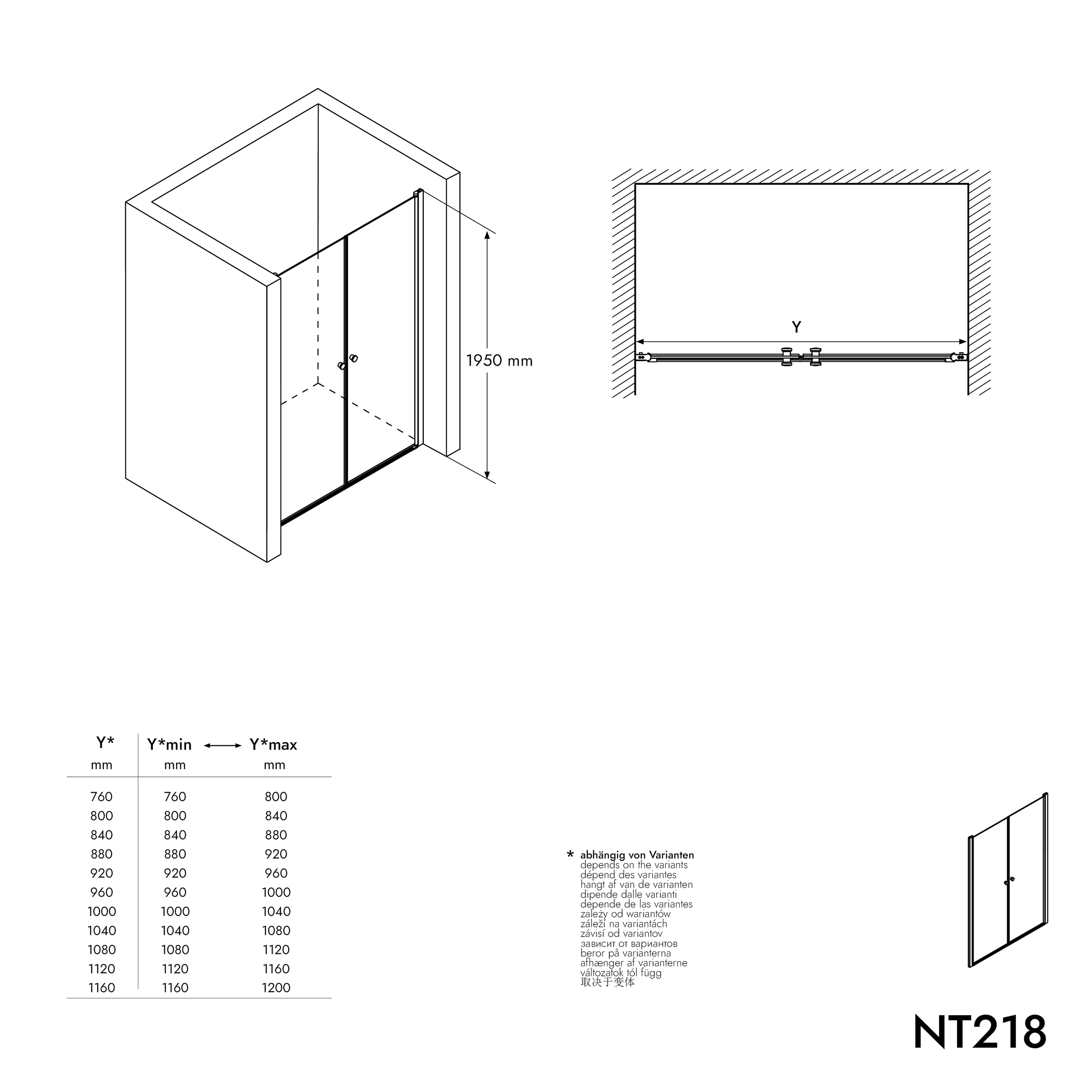 Paroi de douche en niche NT218 - avec portes à double battant - couleur et largeur au choix