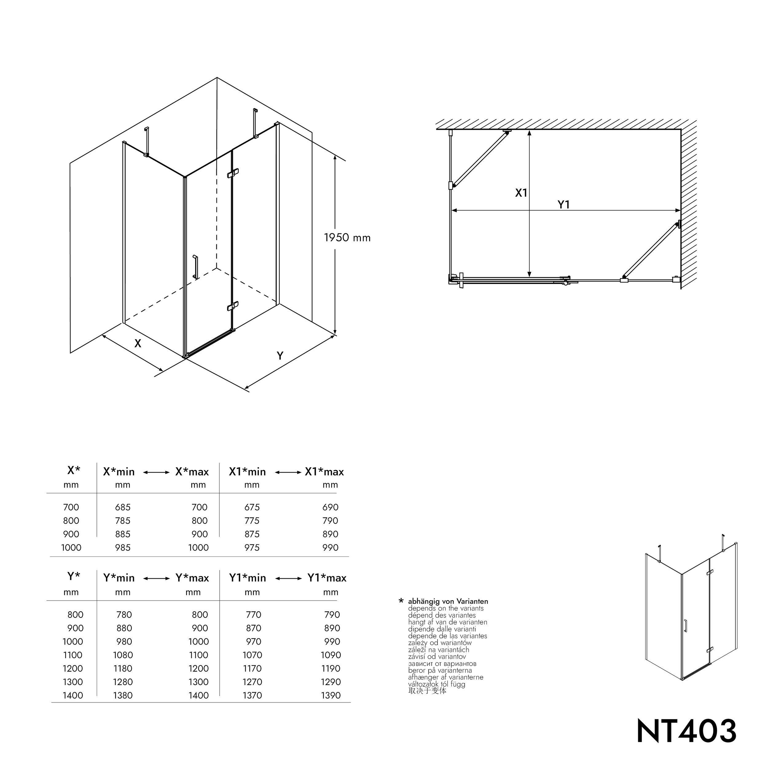 Cabine d’angle avec porte pivotante sur panneau fixe NT403