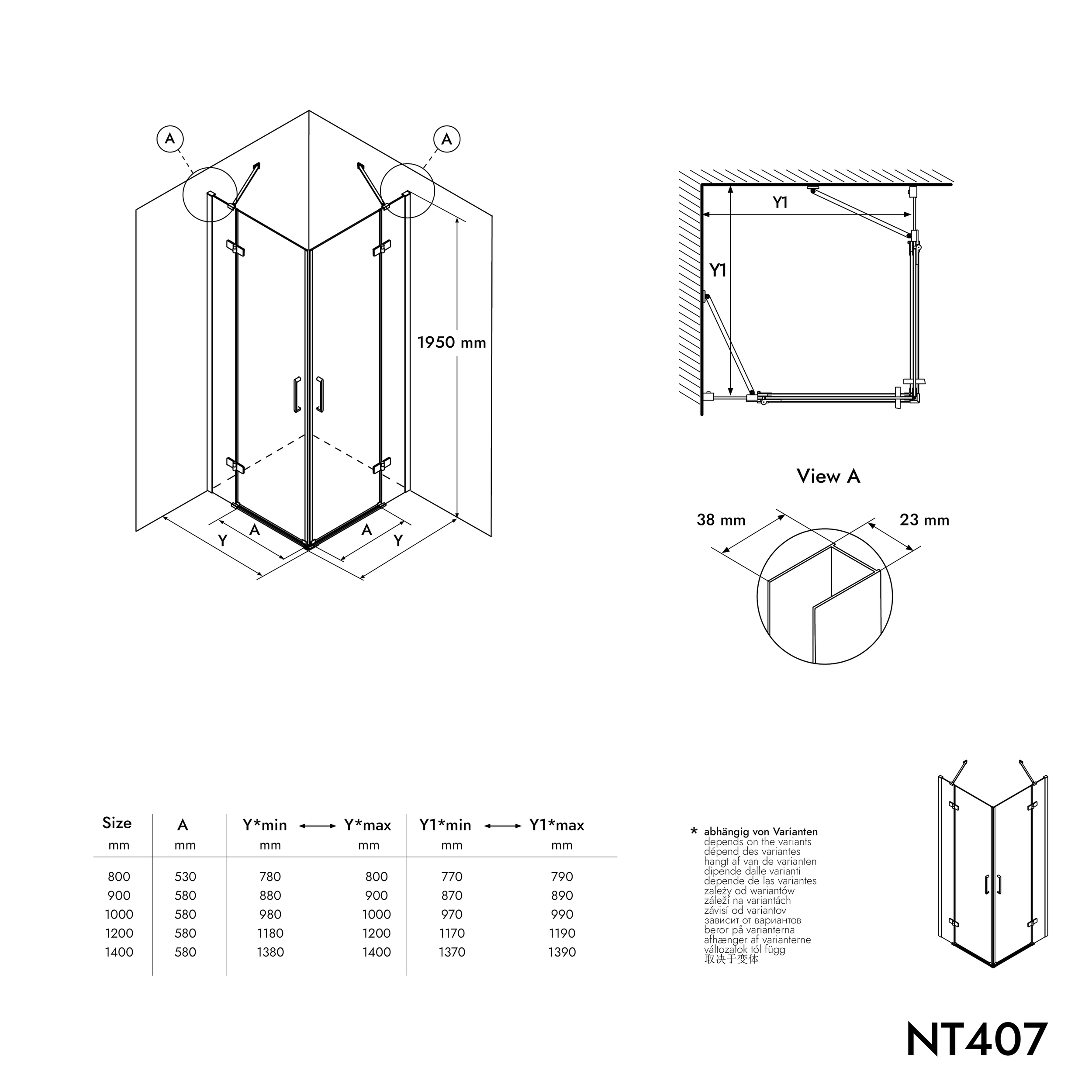 Douche d’angle avec deux portes battantes sur panneau fixe NT407