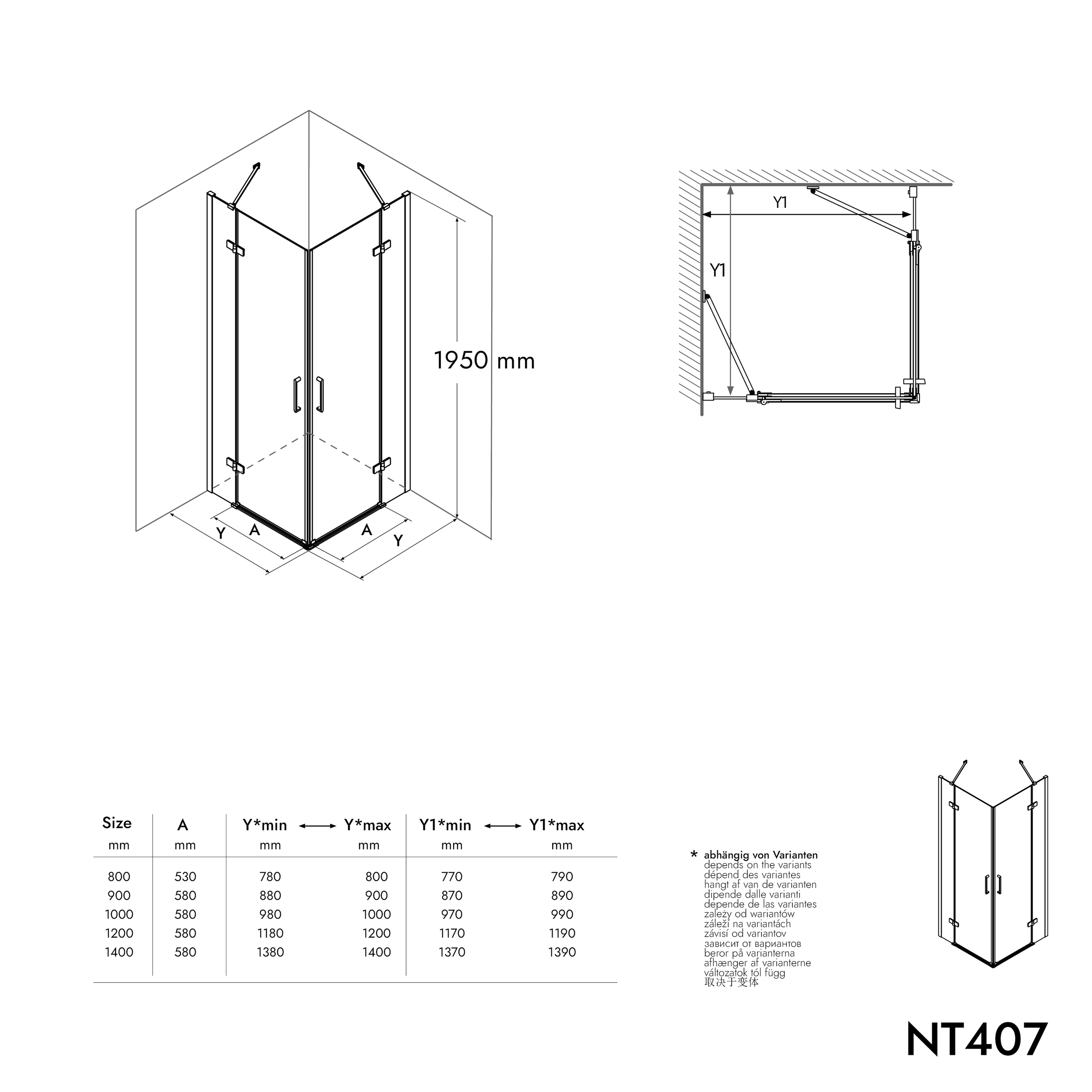 Corner shower with two hinged doors on fixed panel NT407