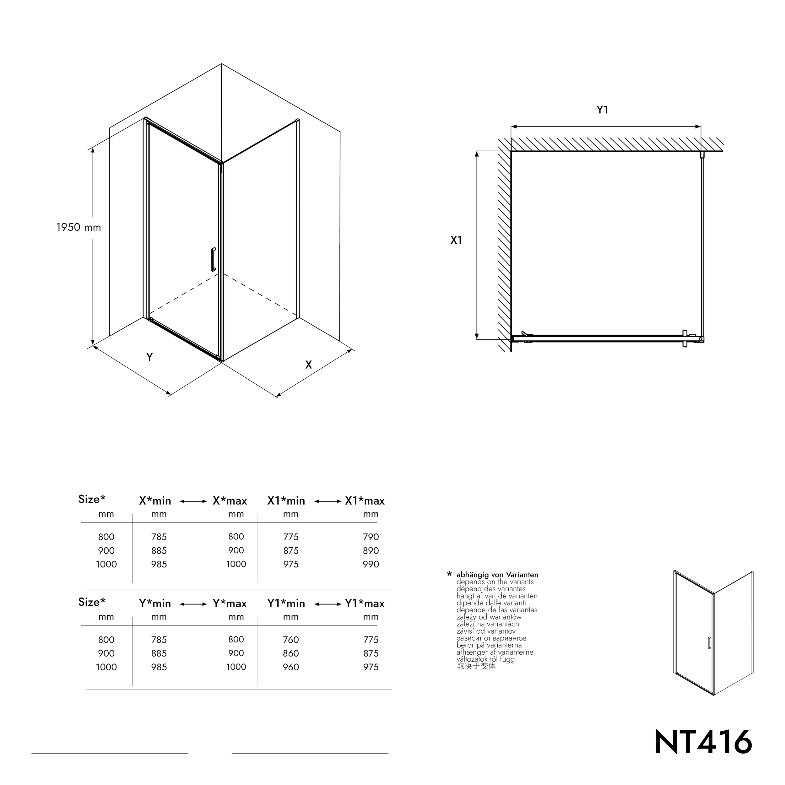 Shower enclosure corner shower Nano 8mm real glass NT416 - profile colour & width selectable