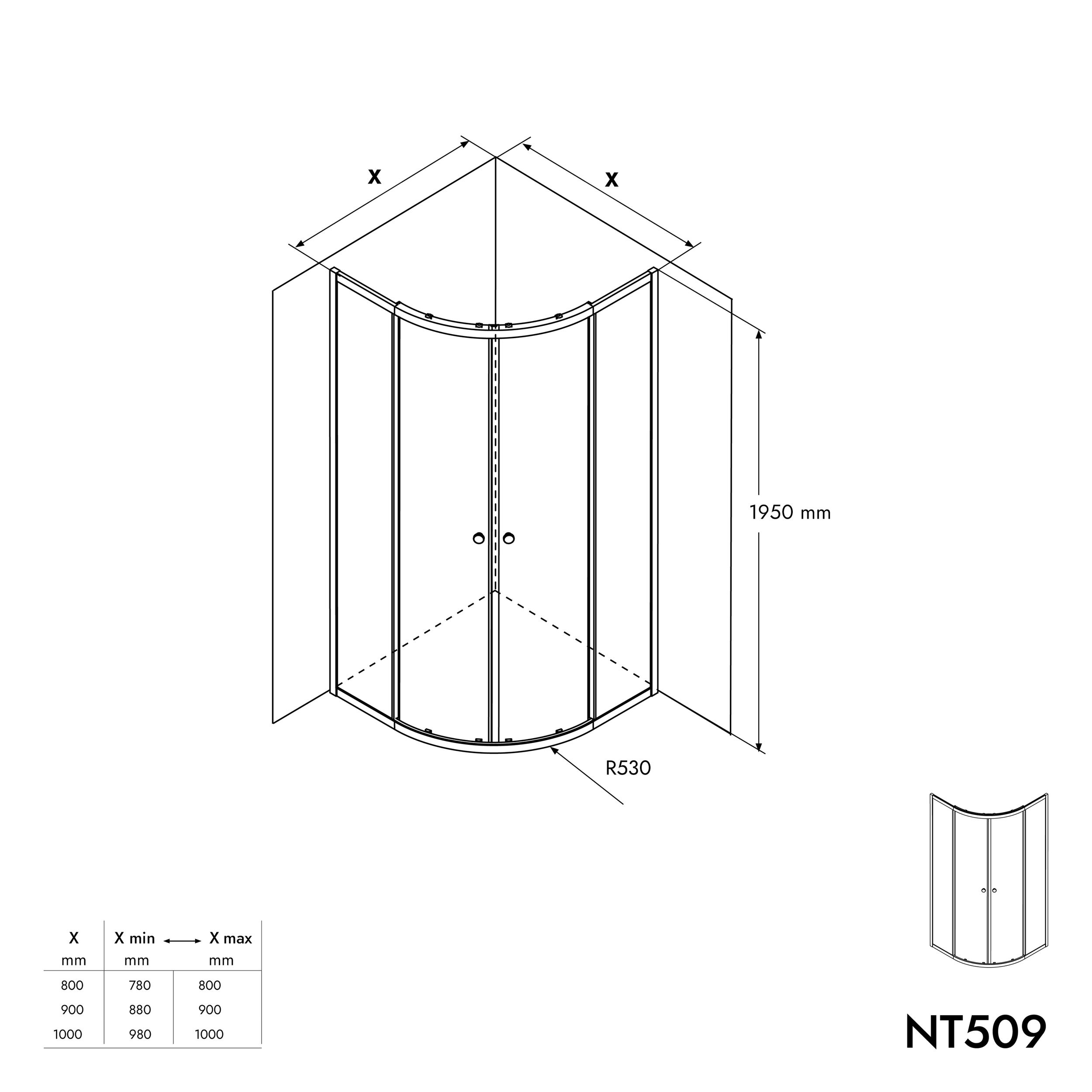 Kwartronde douchewand met schuifdeur NT509 - 6 mm nano helder glas - profielkleur & grootte instelbaar 