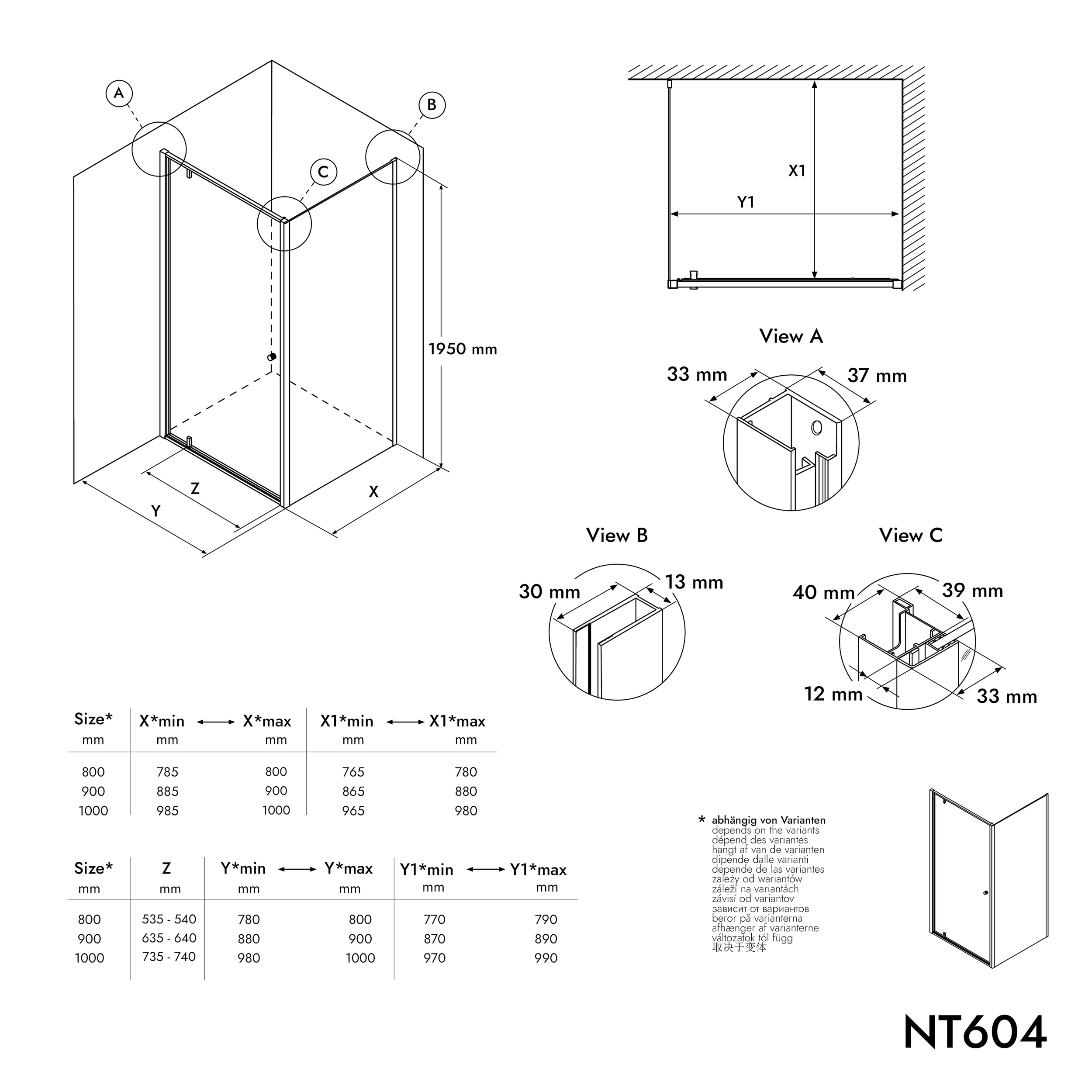 Cabine de douche d'angle avec porte pivotante NT604 - FLEX