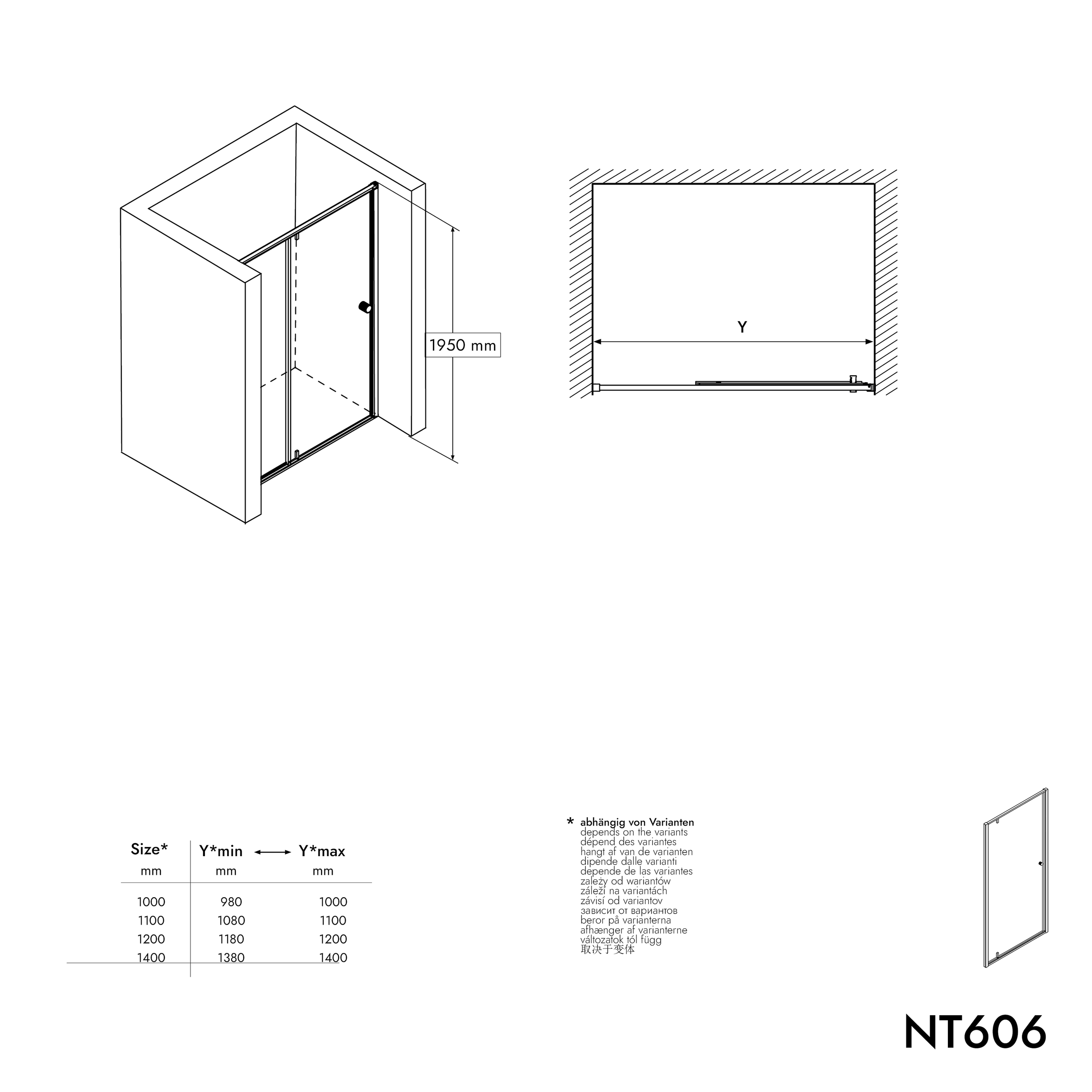 Douche nis met draaideur op vast paneel NT606 FLEX - 6 mm nano helder glas - selecteerbare profielkleur 