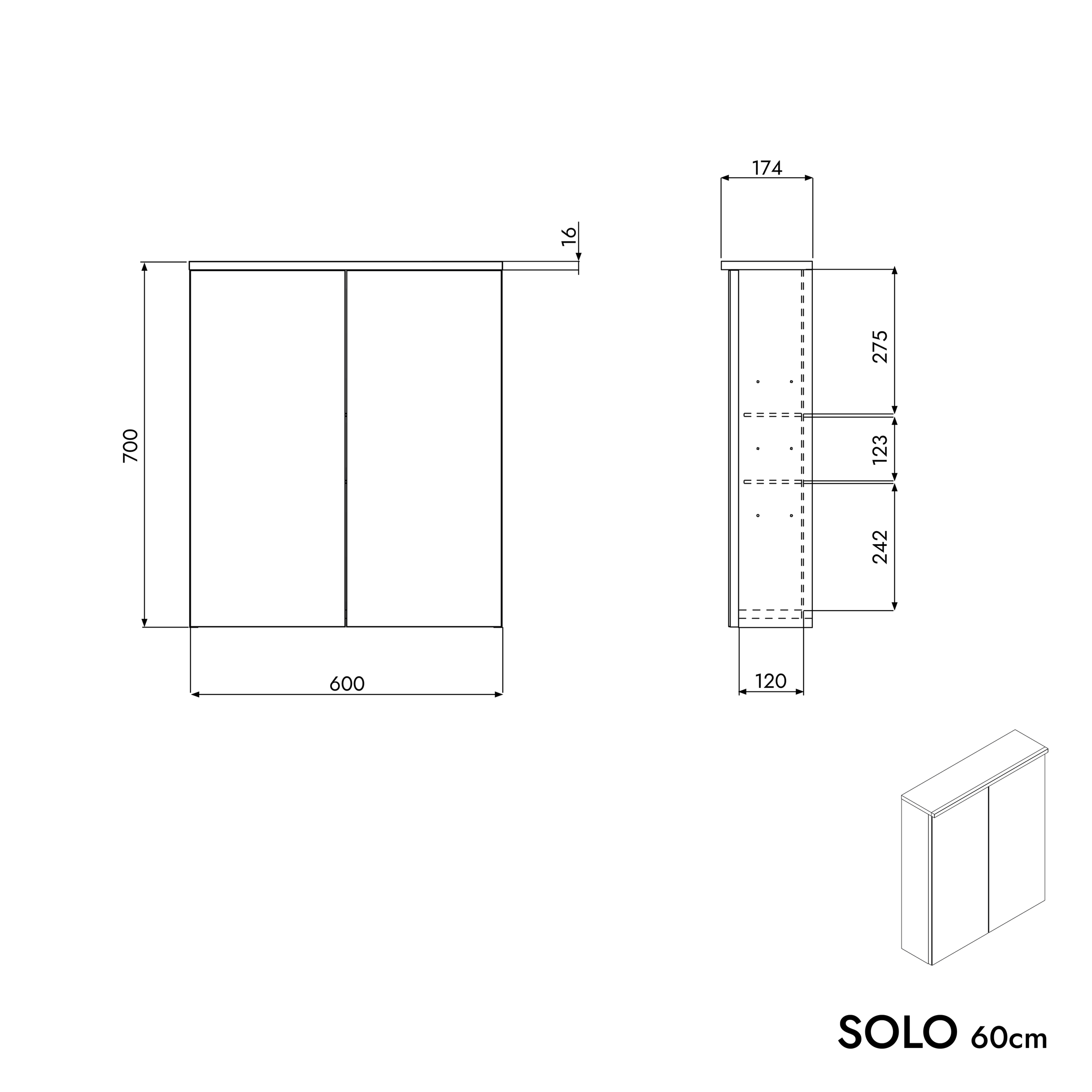 SOLO mirror cabinet with LED lighting - 60 cm - 2 doors 