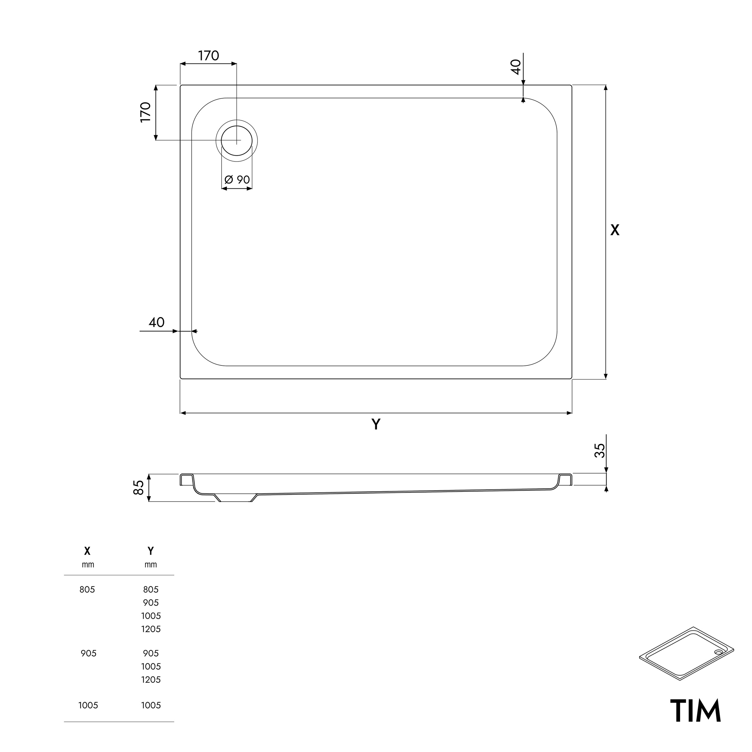 Receveur de douche plat acrylique TIM - blanc brillant - dimensions au choix