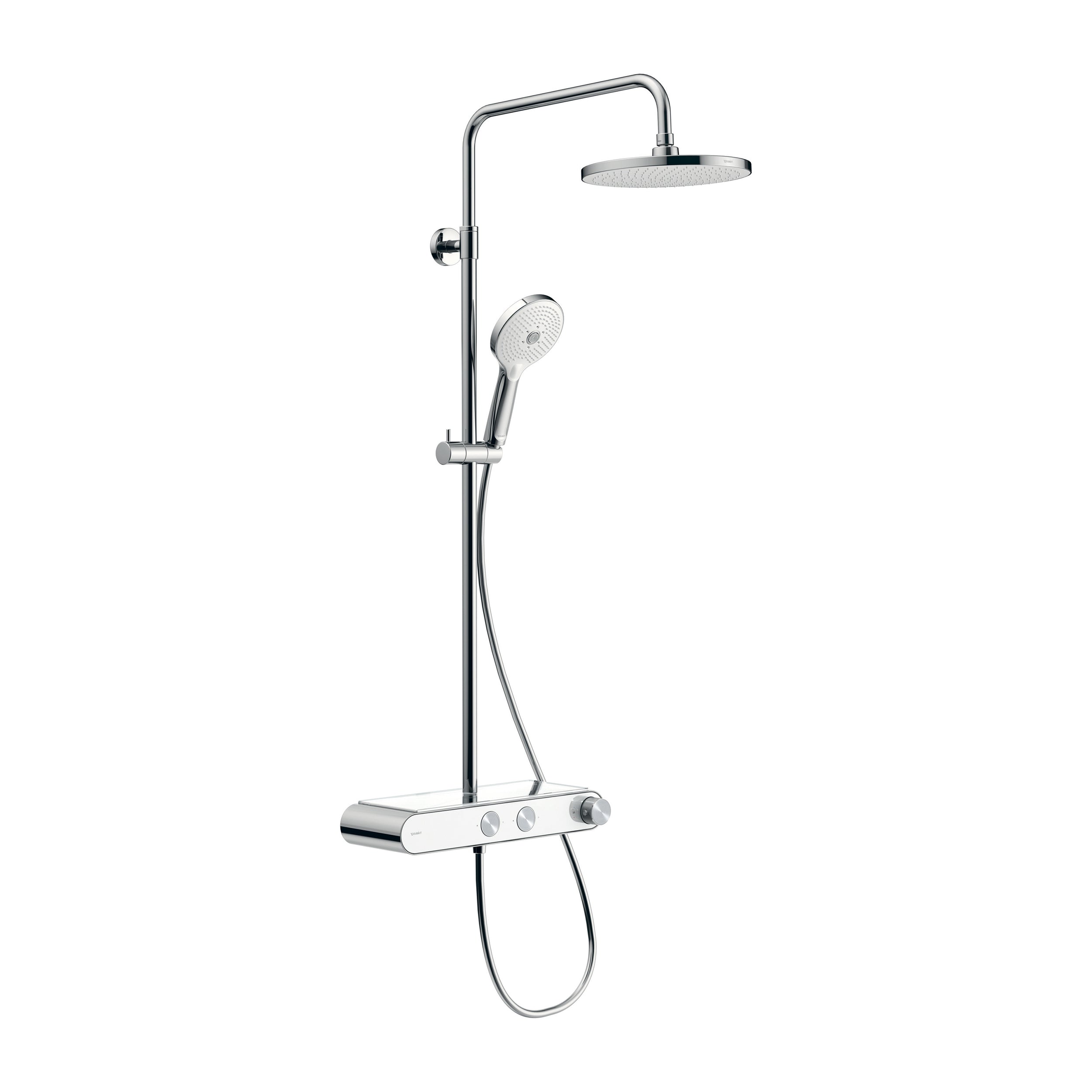 Duravit Shower System mit Thermostat, Glasablage, 3 Strahlarten und MinusFlow-Funktion – Chrom/Weiß