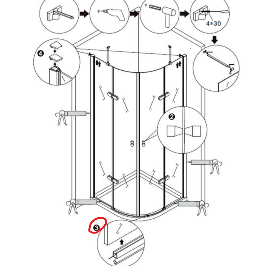 Vervangingsonderdeel - Bernstein douchewand EX406 - glasdikte 8 mm Pakking deur bodem kwart cirkel