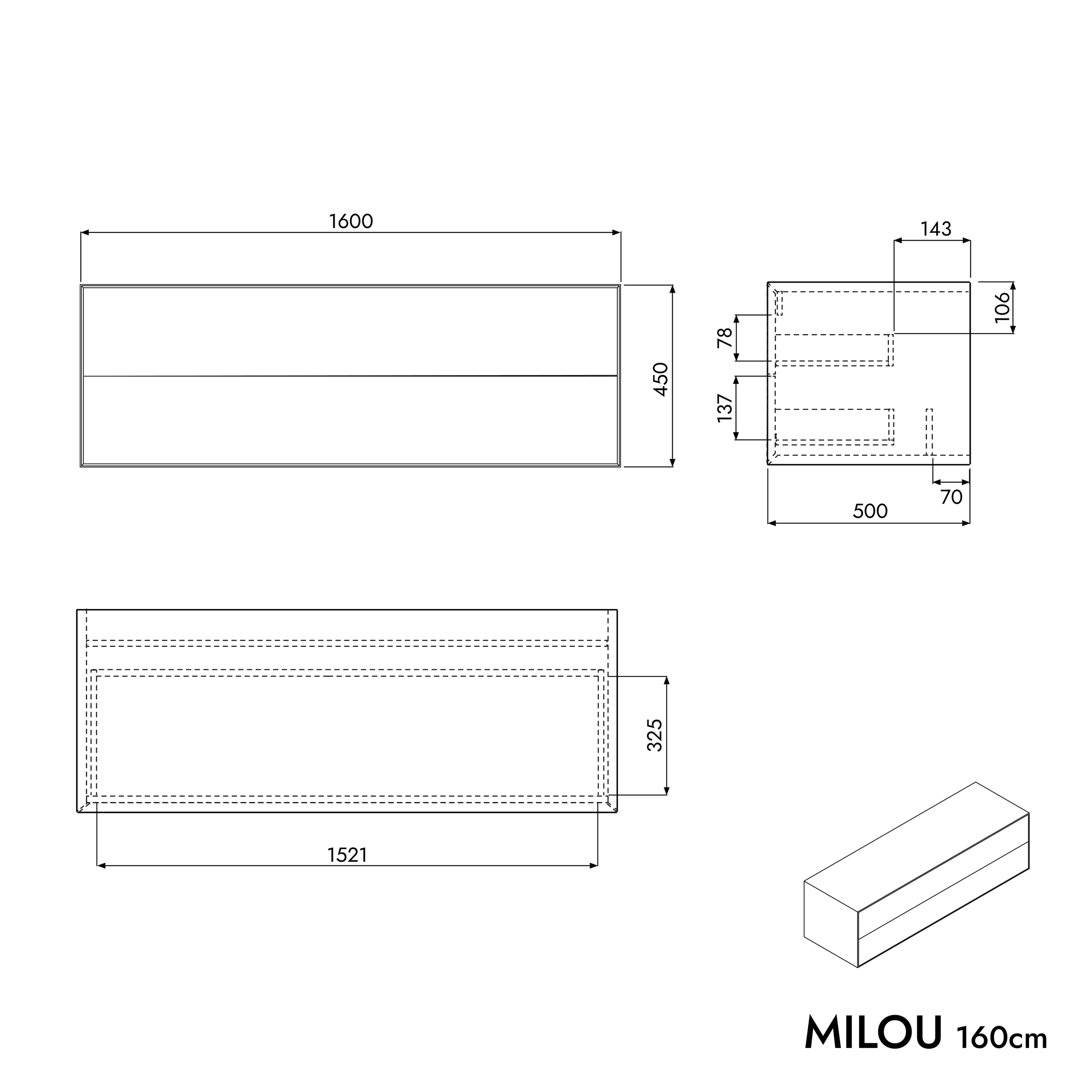 Vanity unit MILOU 160 cm for countertop washbasin - 2 drawers