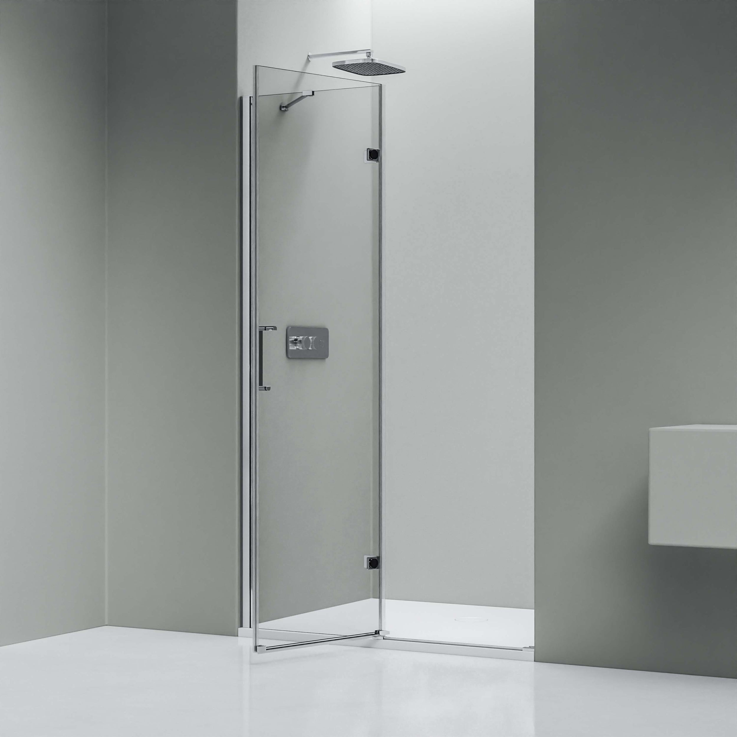 Niche shower with revolving door on fixed panel NT403 - 8 mm nano clear glass - door hinge RIGHT - width selectable