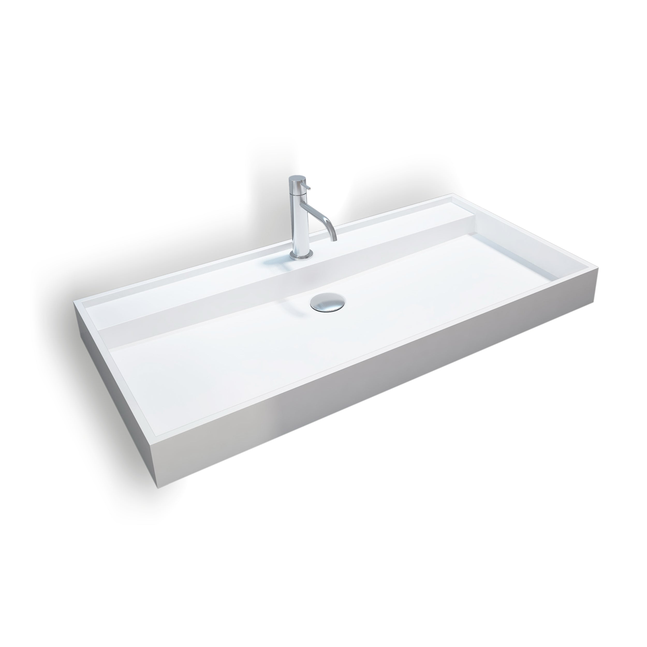 Wall-mounted or countertop washbasin PB2007 of solid surface (Solid Stone) – matt white –  90 x 45 x 10 cm